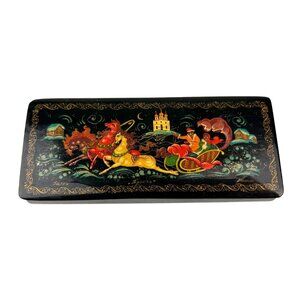 Russian Black Lacquer Hand Painted Artist Signed Trinket Box Hinged Sled Horse